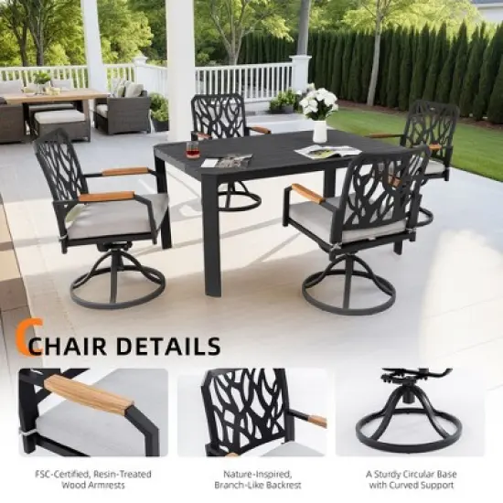 DOMETOUR 5Pcs Outdoor Patio Aluminum Furniture Set, Modern Dining Set with 4 Swivel Rockers Branch-Like Backrest, Rectangular Table with Umbrella Hole image {1}