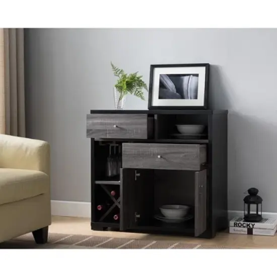 FC Design Two-Tone Buffet Table with Stemware Racks, 2 Drawers, 1 Cabinet, and 4 Wine Slots in Distressed Grey and Black Finish image {2}