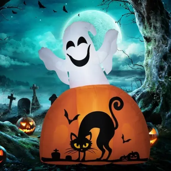 Whisen Halloween Inflatables Outdoor Decorations Ghost with Pumpkin, Blow Up Yard Decor with LED Lights - White image {1}