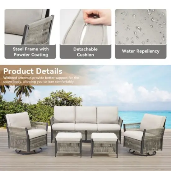 Buenhomino 5-Piece Patio Set &ndash; Sofa, 2 Swivel Chairs & 2 Ottomans, UV-Resistant Resin Wicker with Powder-Coated Steel Frame image {3}