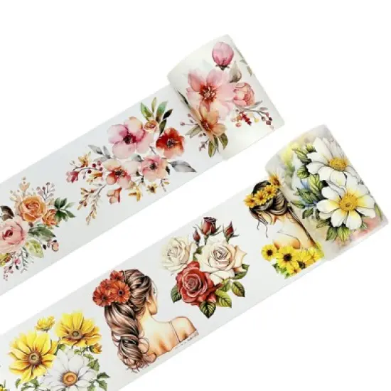 Wrapables Aesthetic Floral Fashion PET Washi Tapes for Scrapbooking, Stationery, Journaling, Diary, Card Making (Set of 2), Yellow and Coral image {4}