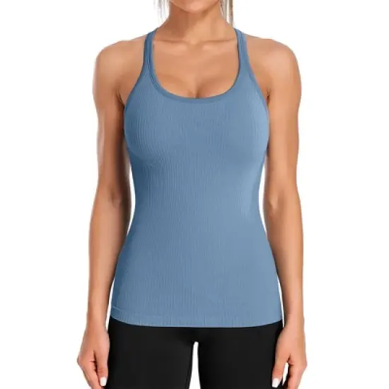 Attraco Women's Ribbed Workout Tank Tops with Built in Bra Tight Racerback Scoop Neck Athletic Top Yoga Tops image {3}