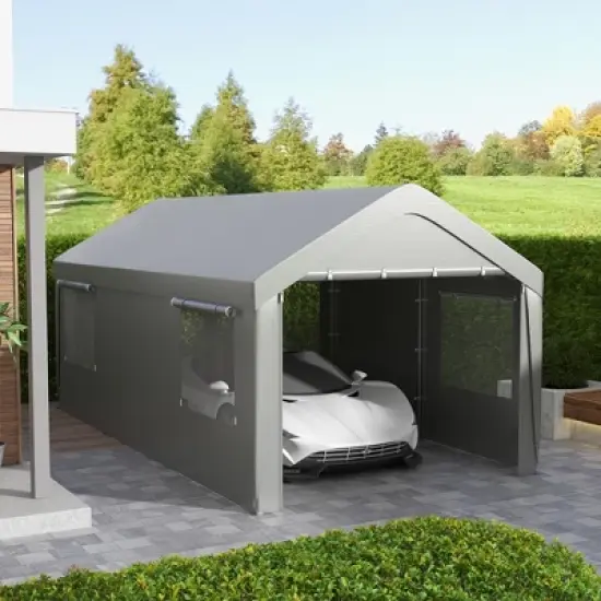 Outsunny Carport 10' x 20' Portable Garage, Heavy Duty Car Port Canopy with 2 Roll-up Doors & 4 Windows image {1}