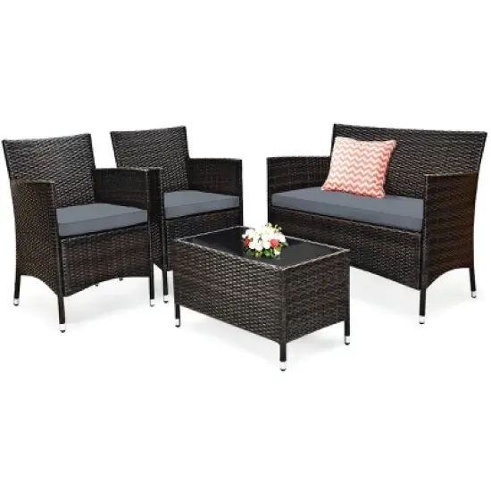 Costway 4PCS Outdoor Patio Rattan Furniture Set Table Shelf Sofa W/ Turquoise/Red/Gray Cushion image {9}