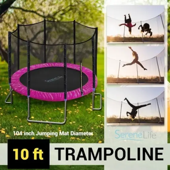 SereneLife 10ft Outdoor Trampoline with Enclosure Safety Net SLTRA10PNK image {5}