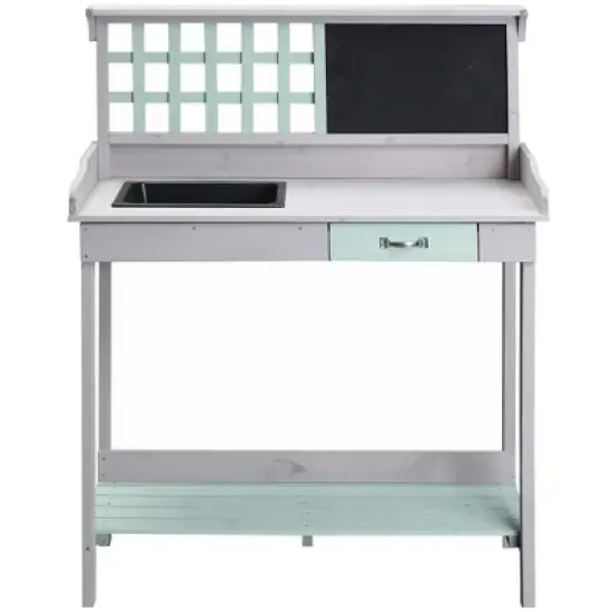 Outsunny Outdoor Wooden Potting Bench Table with Removable Sink, Garden Work Station with Chalkboard, Drawer, Open Shelf Storage, Light Gray image {3}