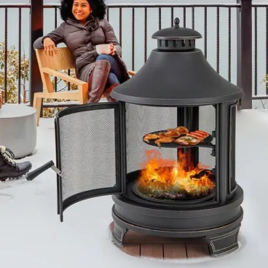 Tangkula 30 Inch Outdoor Fire Pit Chiminea w/ Grill Chimney Spark Screen Door Fire Poker image {1}