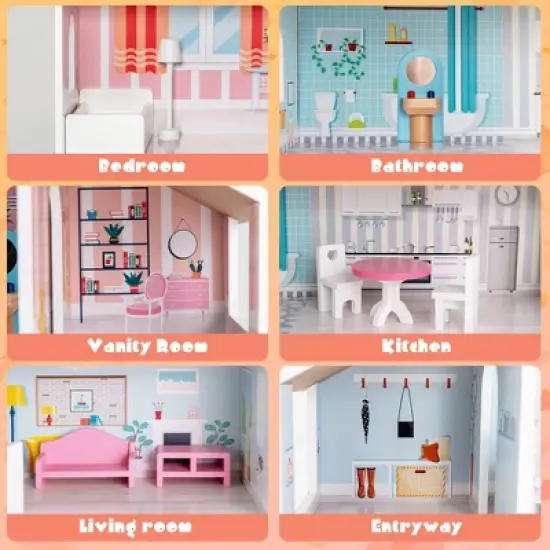 Costway Wooden Dollhouse For Kids 3-Tier Toddler Doll House W/Furniture Gift For Age 3+ image {6}