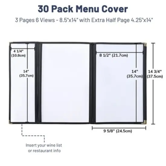 WeChef 30 Pcs Menu Covers 8.5x14" 3 Page 6 View & 4.25x14" Half Page Wine List image {1}