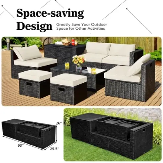 Costway 8PCS Patio Rattan Furniture Set Storage Table Ottoman cover image {5}