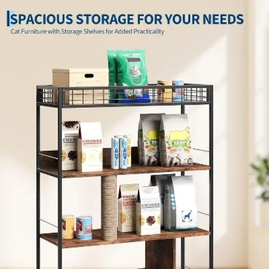 Hidden Litter Box with 4-Tier Storage Rack, Post Wood & Metal 2 in 1 Pets Furniture with Scratching Post & Cushioned Mat image {5}