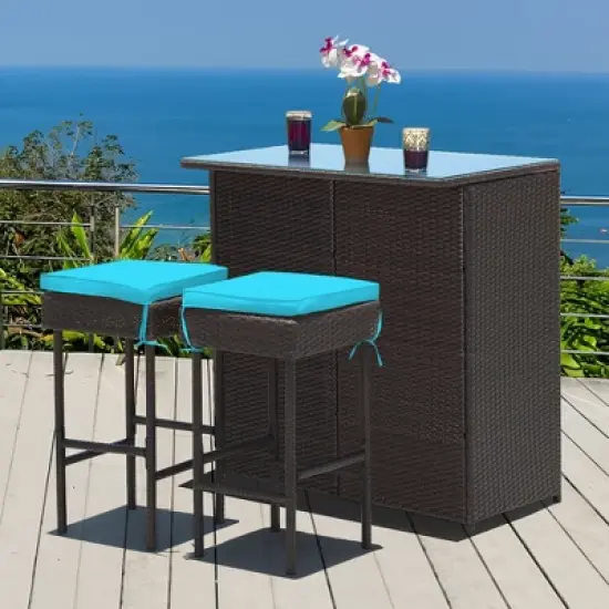 Costway 3PCS Patio Rattan Wicker Bar Table Stools Dining Set Cushioned Chairs Turquoise image {3}