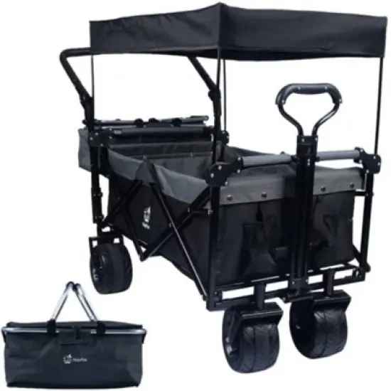 FURNIinspire Outdoor Serving Carts Collapsible Wagon Foldable with Removable Canopy Wheels for All-Terrain Brake for Camping, Black, 35.4"*19.7"*44.5" image {5}