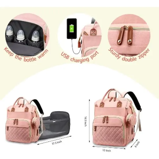 Waterproof 3-in-1 Baby Diaper Backpack with Foldable Changing Pad - Pink image {5}