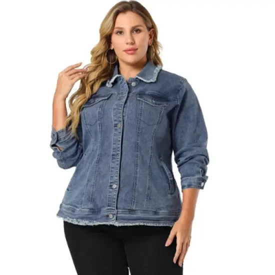 Agnes Orinda Women's Plus Size Denim Chest Pocket Frayed Washed Crop Jean Jackets image {3}