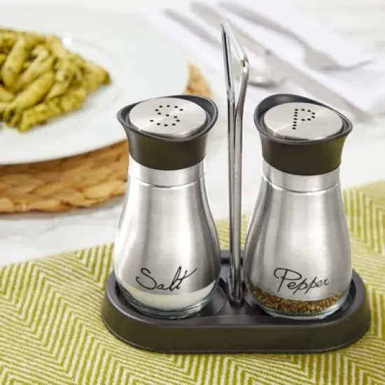 Juvale 3 Piece Salt and Pepper Shakers Set with Holder, Unique Stainless Steel and Glass Dispensers for Kitchen Accessories (4oz) image {1}