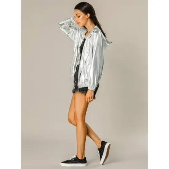 Allegra K Women's Holographic Shiny Long Sleeve Zipper Hooded Metallic Jacket image {3}