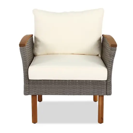 FIONECA 9-Piece Outdoor Patio Rattan Furniture Set with Acacia Wood Legs & Tabletop, PE Rattan Sectional Sofa & Coffee Table, Beige Cushions image {7}