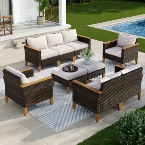 Captiva Designs 9pc Wicker Outdoor Patio Rattan Sectional Conversation Set with Cushioned Ottoman image {11}