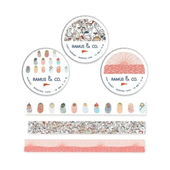 Illustrated Masking Tape by Ramus & Co - 3ct Rolls, Assorted Rolls (Babies + Bunnies + Pink Sunset) image {4}