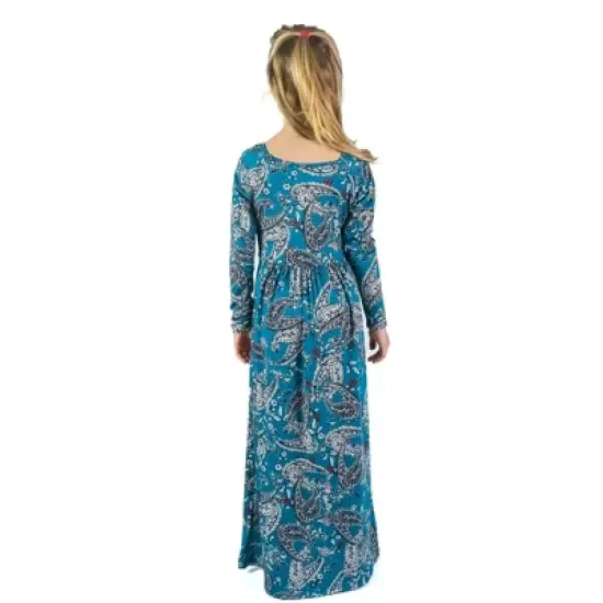 24seven Comfort Apparel Girls Blue Paisley Long Sleeve Pleated Maxi Dress image {2}