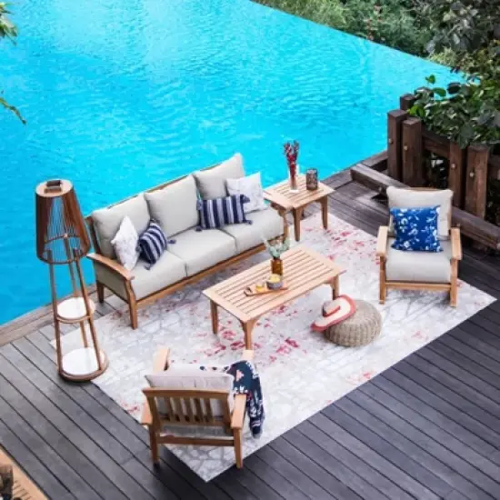 Caterina Teak Patio Sofa with Cushion - Beige - Cambridge Casual image {1}