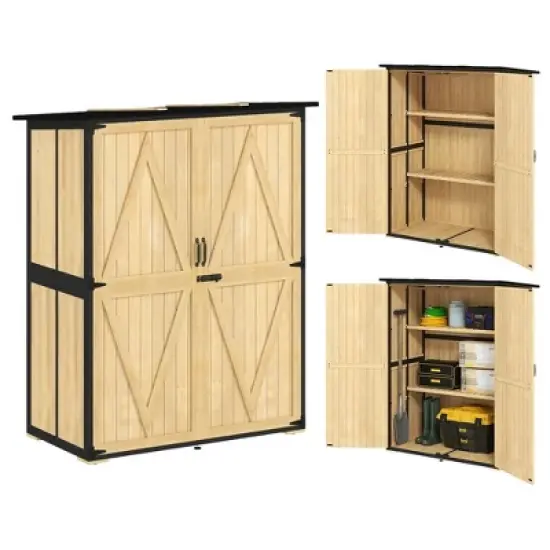 Resenkos Storage Garden Shed,Garden Sheds,Outdoor Garden Shed with Asphalt Roof, 2 Shelves, Lockable Doors and Adjustable Feet, Natural Natural Wood image {4}