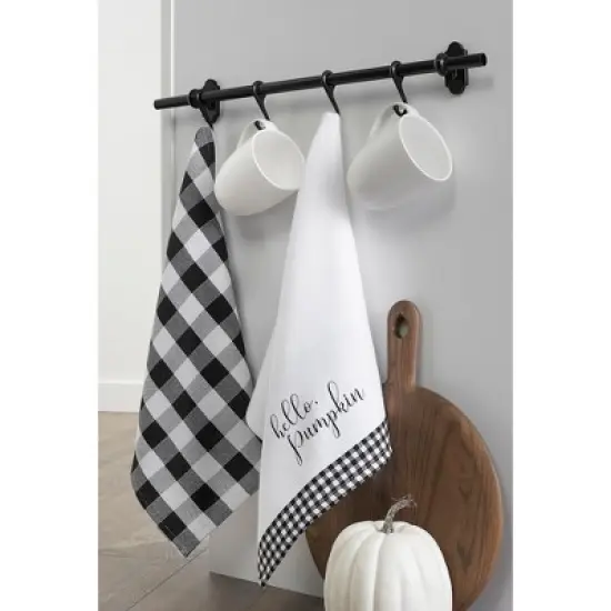 Hello Pumpkin and Check Kitchen Towel Set of 2 - 18" x 28" - Black/White - Elrene Home Fashions image {1}