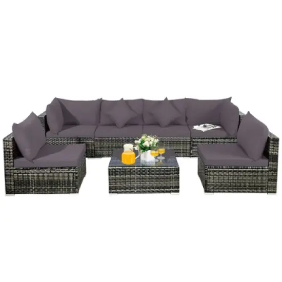 Costway 7PCS Patio Rattan Furniture Set Sectional Sofa Garden Gray Cushion image {2}
