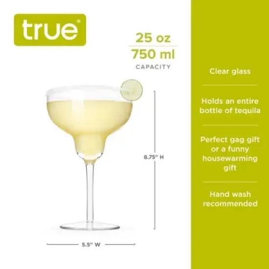 True Grande Gulp Giant Margarita Glass - Stemmed Cocktail Glass Fits Full Liquor Bottle - 750ml / 25 oz. Set of 1, Clear image {2}