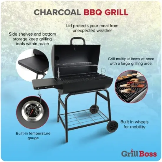 Grill Boss 30 Inch Barrel Charcoal Grill with Adjustable Grate, Large Cooking Area, Built In Temperature Gauge, and Durable Cast Iron Grates, Black image {2}