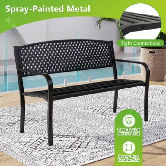 Costway 50 Inches Garden Bench Outdoor Bench with Patterned Backrest and Curved Armrests image {6}