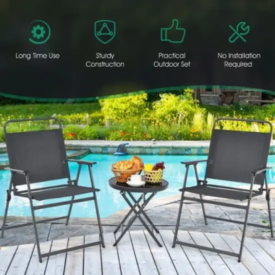 Costway 3PCS Outdoor Bistro Set Folding Table and Chairs Garden Deck Black image {7}