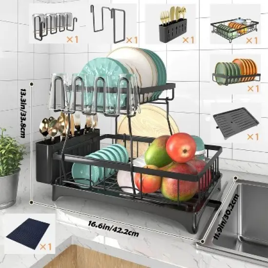 DOMETOUR Tableware Drying Rack Stainless Steel Large Utensil Rack with Rotating Water Outlet Drainage Device for Kitchen Counters image {6}