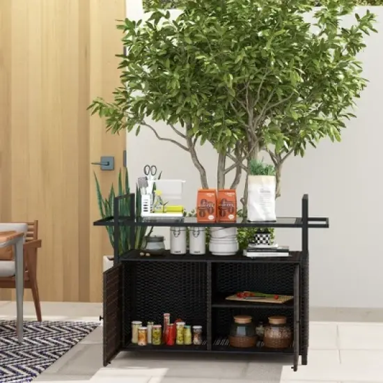 Outsunny 2-Tier Shelf PE Rattan Outdoor Bar Table, Glass Top Patio Serving Cart image {2}