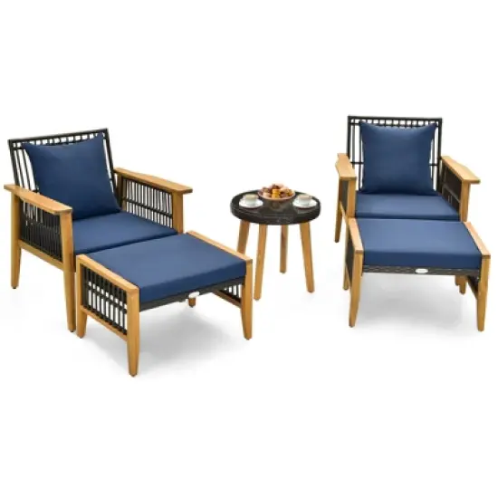 Tangkula 5PCS Acacia Wood Wicker Woven Furniture Set w/ Coffee Table & 2 Ottomans Patio image {1}