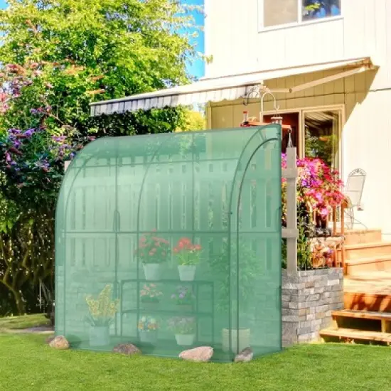 Costway 7'x 3.5'x 7' Lean-to Greenhouse Portable Wall House with Green PE Cover and Shelf image {2}