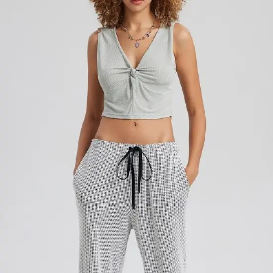 Women's V-Neck Twist Knot Cropped Tank Top - Gray image {2}