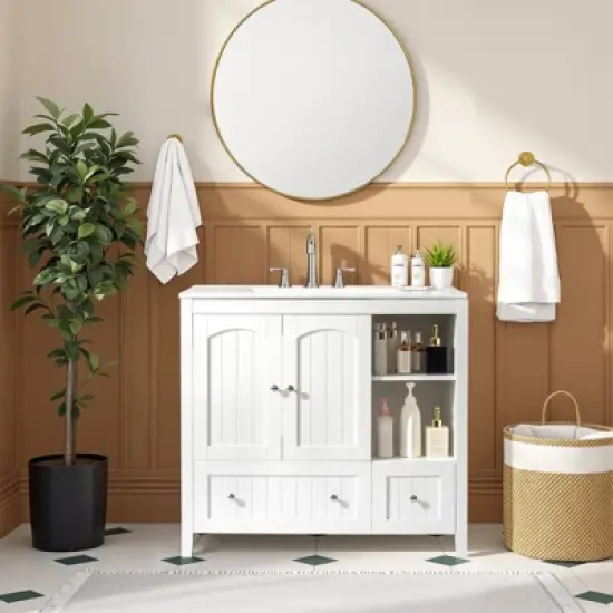 phiestina 36" White MDF Bathroom Vanity Cabinet without Basin, Double Doors, Double Drawers, Decorative Strips, Modern Storage Cabinet for Bathroom image {4}