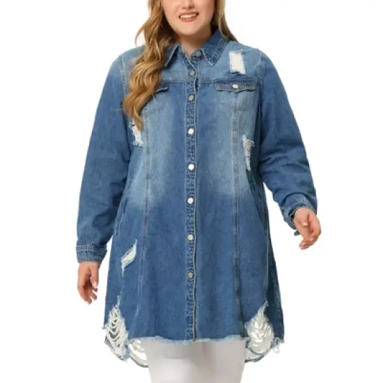 Agnes Orinda Women's Plus Size Classic Jean Distressed Fray Hem Trucker Denim Jackets image {1}