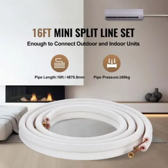 VEVOR 16FT Mini Split Line Set,1/4" & 3/8" O.D Copper Pipes Tubing and Triple-Layer Insulation,for Air Conditioning or Heating Pump Equipment, White image {2}