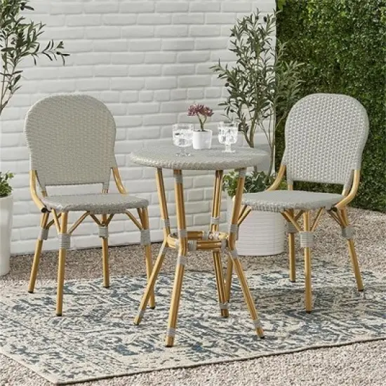 SKRAN Bistro Set, Outdoor Hand-Woven Rattan Wicker Bistro Chairs with Table for Patio Porch Garden, Aluminum Frame & Bamboo Print Finish, Light Gray image {8}