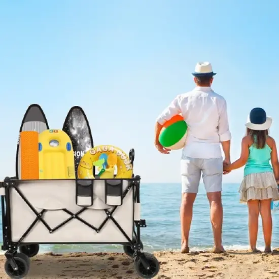 YONWAY Heavy-Duty Foldable Wagon with Extended Tailgate,480LBS Capacity,All-Terrain Beach Wheels,Perfect for Beach Trips,Fishing,Shopping,Khaki image {5}