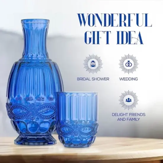 Elle Decor Bedside Water Carafe with Tumbler, 33-Ounce Pitcher and Matching Drinking Glass, Use Cup as a Lid for Carafe, Blue image {6}