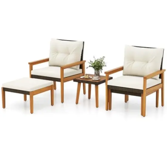 Costway 5 PCS Rattan Furniture Set Wood Frame Chairs & Ottomans with Square Coffee Table image {8}