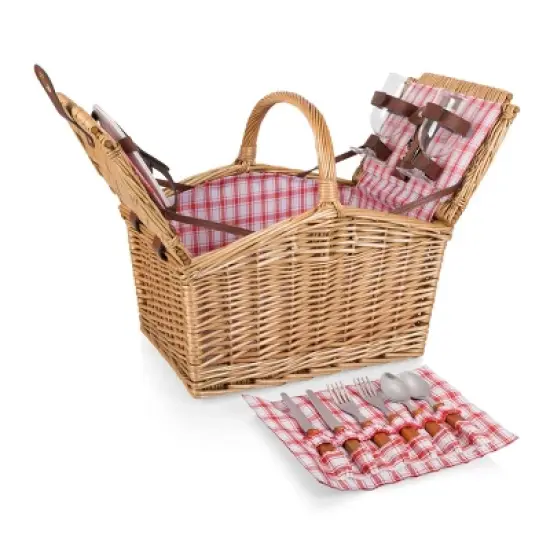 Picnic Time Piccadilly Picnic Basket with Service for Two: Wicker Set, Gingham Check, Includes Tableware & Wine Glasses image {12}