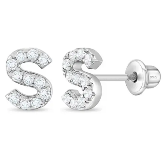 Girl's Cubic Zirconia Letter Initial Screw Back Sterling Silver Earrings - In Season Jewelry image {14}