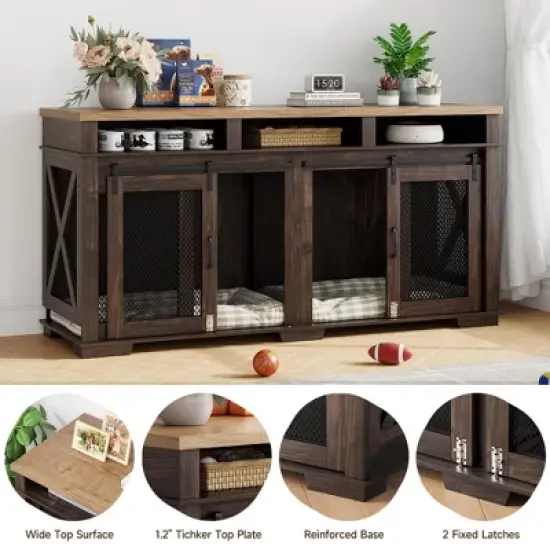 71" Dog Crate Furniture, Double Dog Crate Table, Double Dog Kennel Furniture With 3 Storages And Removable Divider For Large Medium Dogs image {4}