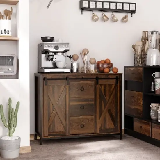 HOMCOM Industrial Farmhouse Buffet Cabinet, Kitchen Sideboard with Sliding Barn Doors, 3 Drawers and Adjustable Shelves for Living Room, Rustic Brown image {2}