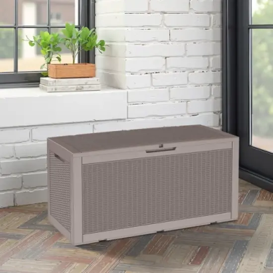 MAYEERTY 100 Gallon Large Capacity Outdoor Deck Box for Patio Furniture Cushions, Pillow with Wheels, Light Brown image {6}